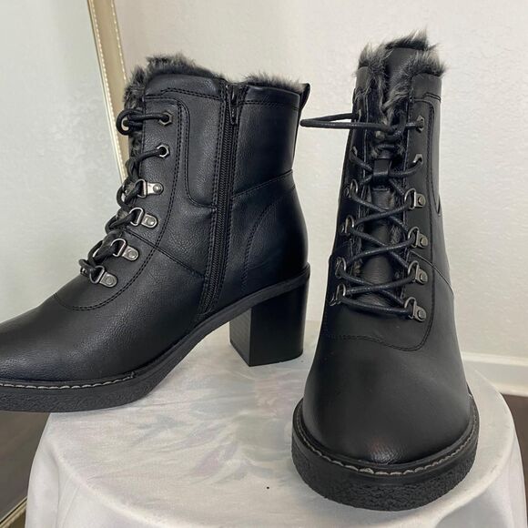 Cloudwalkers Chunky Black Gray Faux Fur Lace Up Heeled Ankle Boots US 10 NWOB - Picture 4 of 8